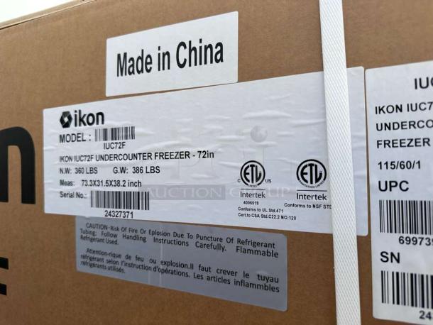 Ikon IUC72F commercial undercounter freezer in packaging. Label shows model, weight, dimensions, ETL, NSF certifications.