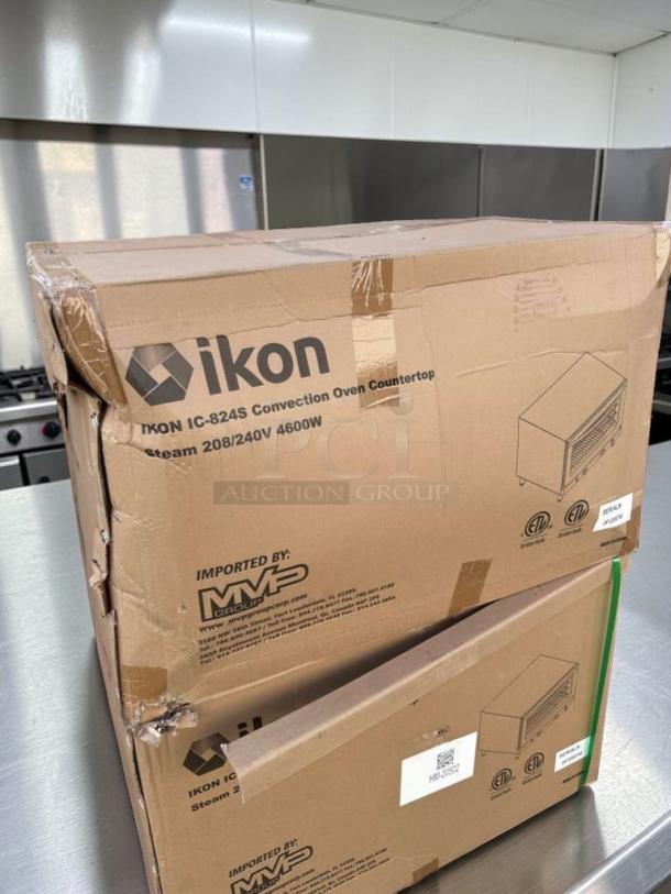 Brand new Ikon IC-824S convection oven in box, 208/240V, 4600W, stainless steel, ETL & NSF listed. Box shows model details.
