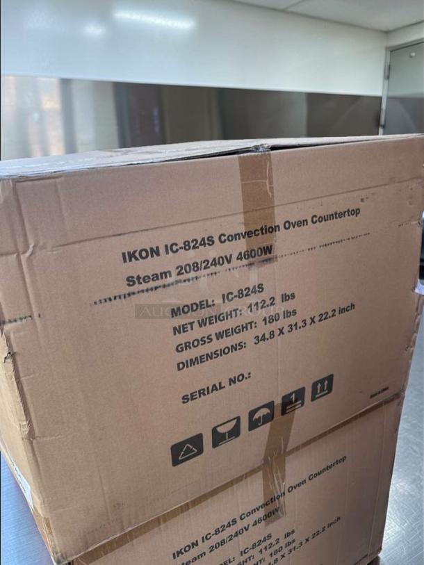 Brand new Ikon IC-824S convection oven box. Features steam function, 208/240V, 4600W, stainless steel, ETL & NSF listed.