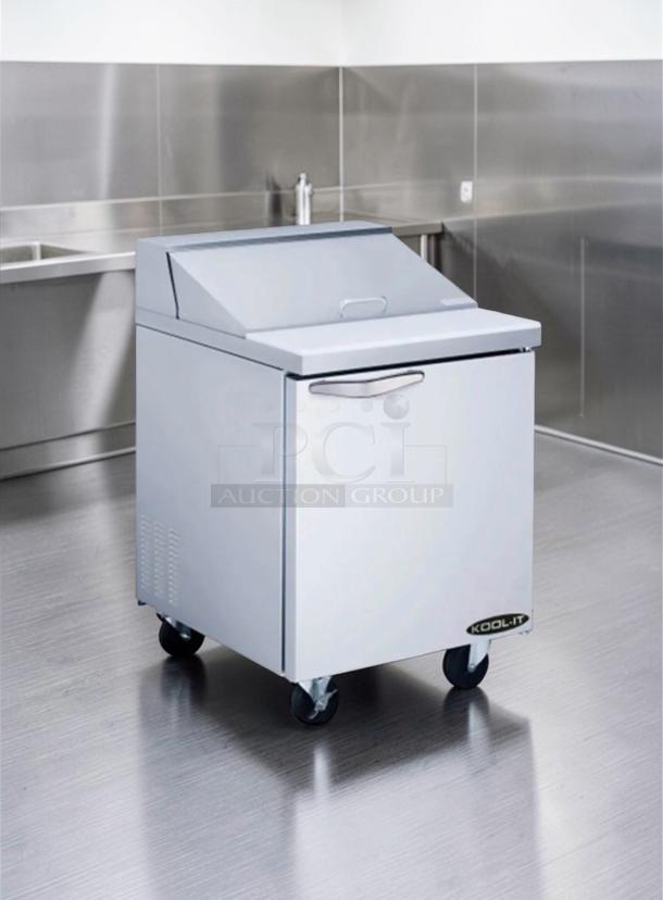Brand new Kool-It KST-27-1 commercial sandwich prep table refrigerator, 27-inch stainless steel, R290 refrigerant, ETL & NSF listed.