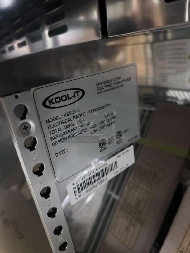 Kool-It KST-27-1 sandwich prep table refrigerator, 27-inch, stainless steel, new condition, R290 refrigerant, ETL & NSF listed.