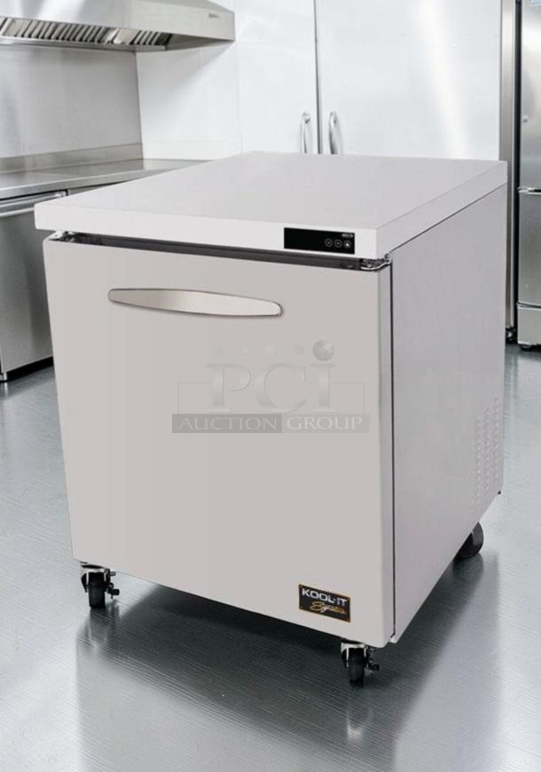Brand new Kool-It KUCR-27-1 undercounter refrigerator with stainless steel finish, UL and NSF listed, on casters.