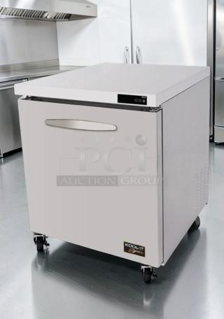 Brand new Kool-It KUCR-27-1 undercounter refrigerator with stainless steel finish, UL and NSF listed, on casters.