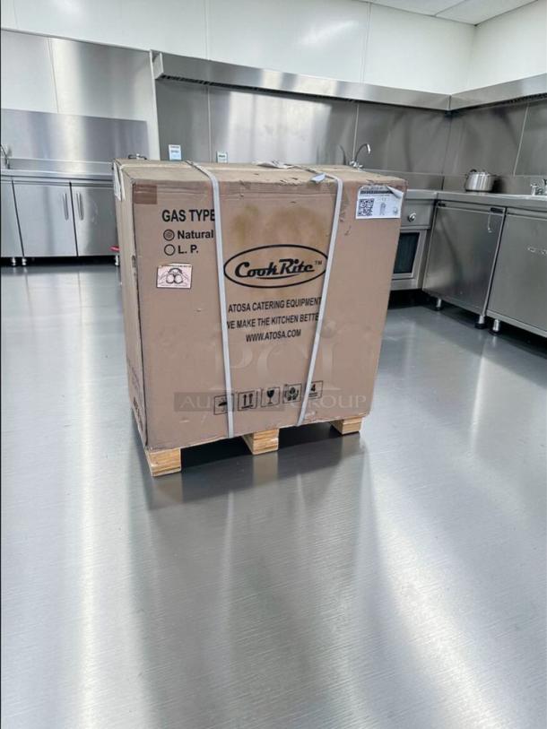 Brand new Atosa CookRite ATFS-40, commercial 40 lb gas fryer in box, ETL & NSF listed, stainless steel, boxed on pallet.