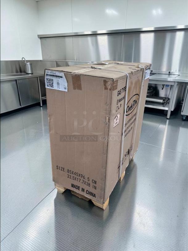 Brand new Atosa CookRite ATFS-40 gas fryer in original packaging. 40 lb capacity, stainless steel, ETL & NSF listed.
