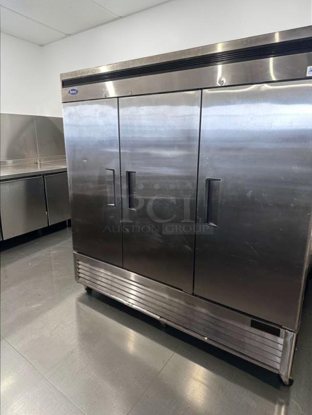 Brand new Atosa MBF8508GR 3-door commercial refrigerator, stainless steel, bottom-mount compressor, ETL & NSF listed.