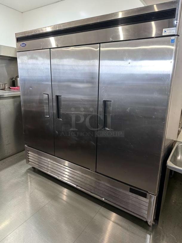 Brand new Atosa MBF8508GR 3-door commercial refrigerator, stainless steel, bottom mount compressor, ETL & NSF listed.