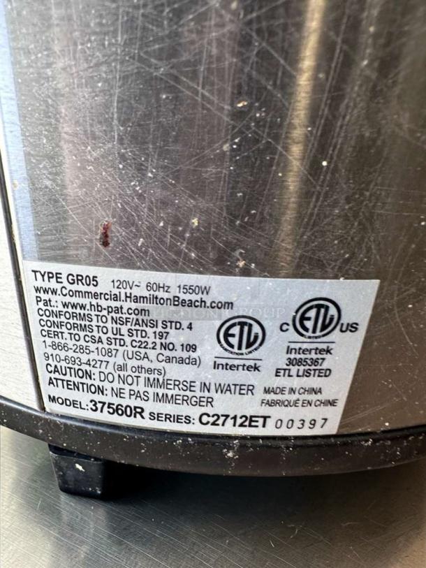 Proctor Silex 37560R stainless steel commercial rice cooker label; 60 cup capacity; ETL listed; fully operational.