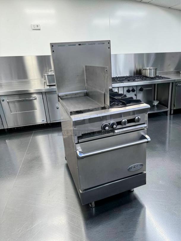 Southbend commercial gas range with griddle and open burners, stainless steel, oven base, fully tested, superior condition.