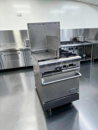 Southbend commercial gas range with griddle and open burners, stainless steel, oven base, fully tested, superior condition.