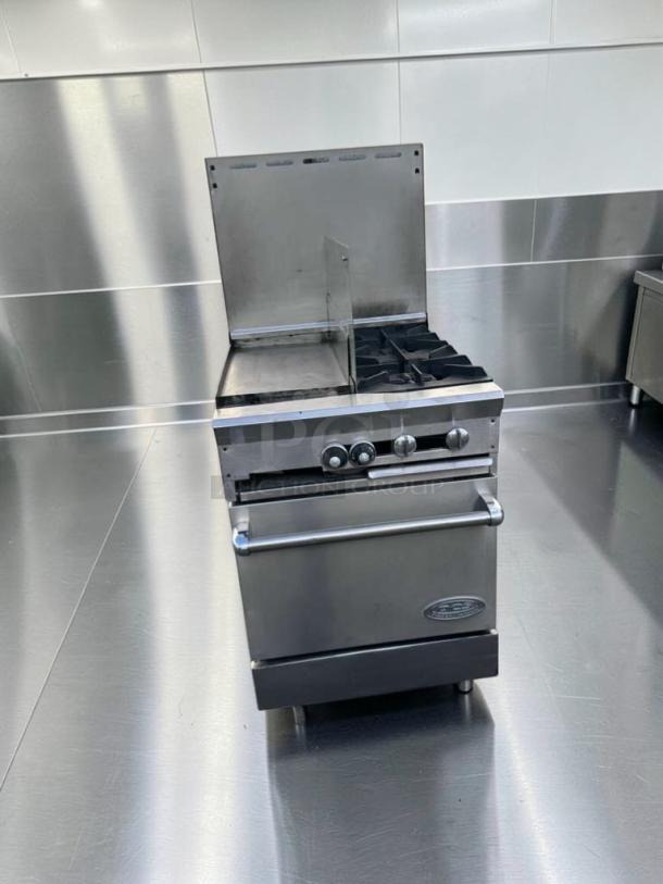 Southbend stainless steel commercial range with griddle, open burners, and oven base. Superior condition, fully operational.
