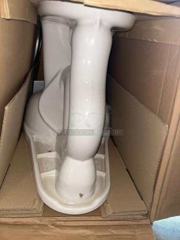 Brand new porcelain pedestal bathroom sink in box. White ceramic basin, model PED-S-SINK-0733. Suitable for commercial or residential use.