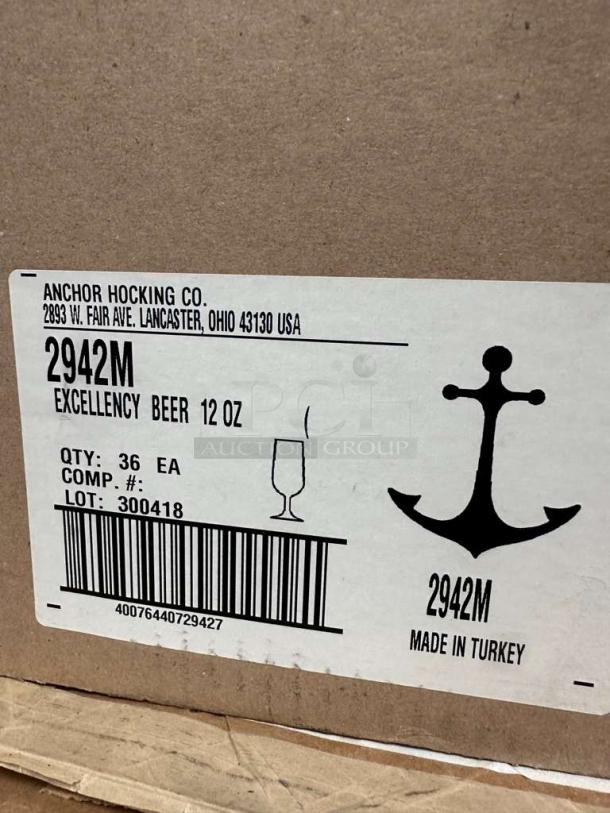 Anchor Hocking Excellency 2942M beer glasses box label, 12 oz, model 2942M, UPC 40076440729427, made in Turkey.