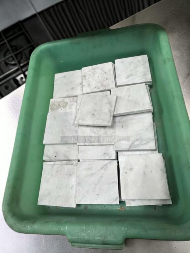 Carrara White Marble 4x4 Honed Tiles in green tray, excellent condition, natural stone for interior wall and backsplash.