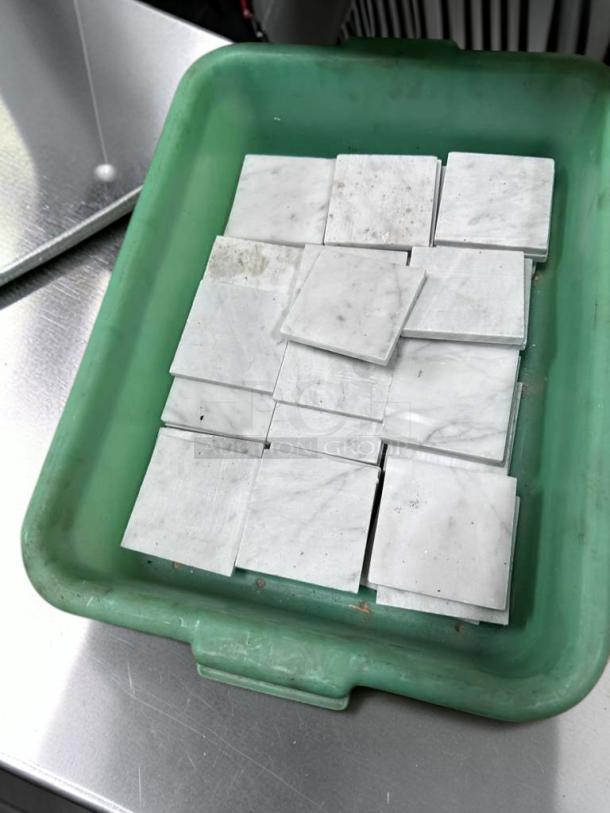 Carrara Marble 4x4 honed tiles in a green tray, outstanding condition, ideal for interior wall and backsplash.