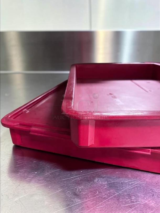 Red polypropylene Baker's Lane 18x26x3 inch dough proofing boxes, set of 2, stackable, elite condition for commercial use.