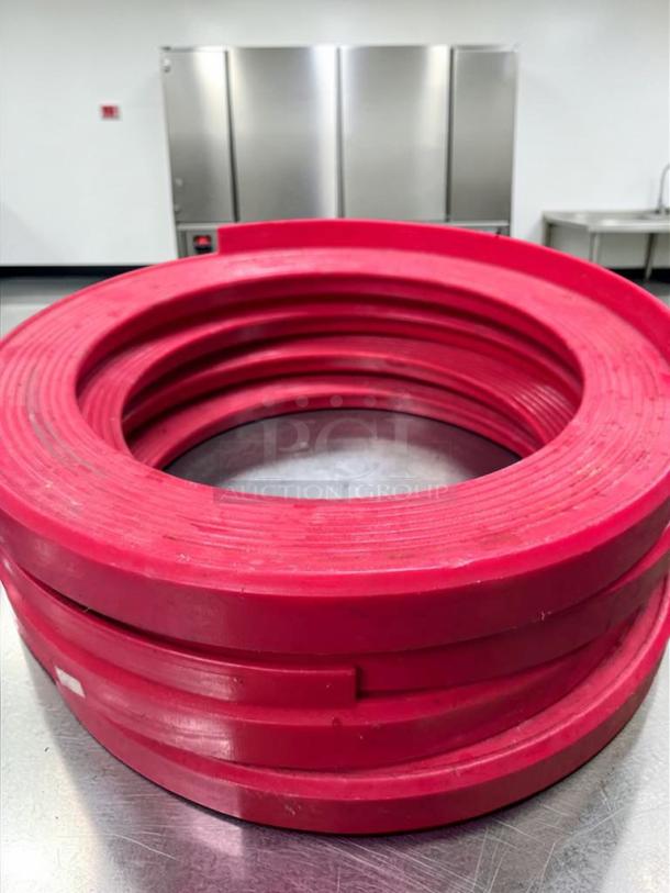 Red plastic keg stackers set of 4, commercial quality, superior condition, ideal for brewery or bar storage. Model BAR-S-KEG-0740.