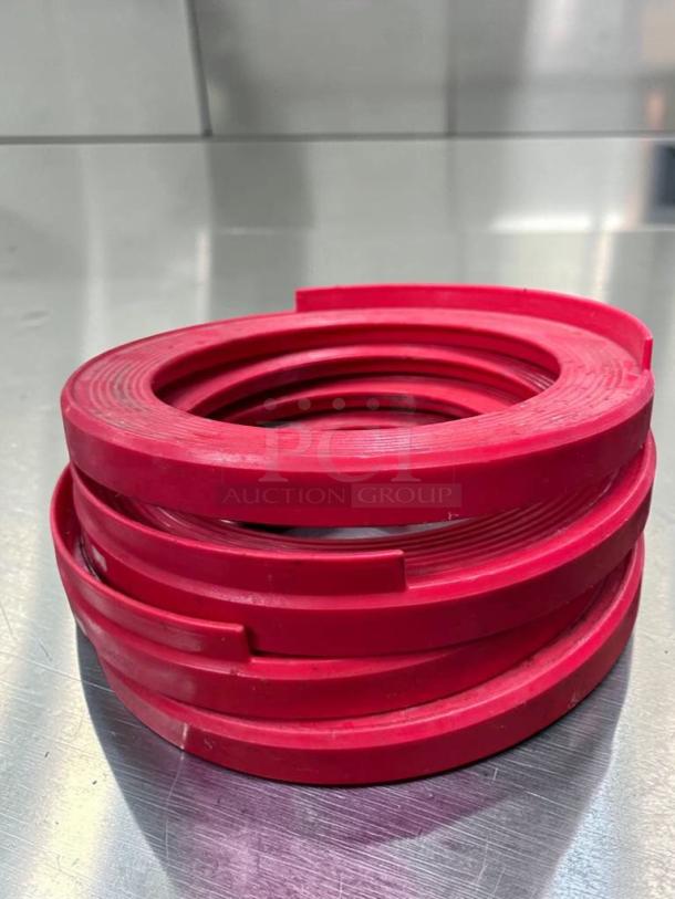 Set of 4 red keg stackers in superior condition, made of heavy-duty plastic for brewery and bar storage, model BAR-S-KEG-0740.