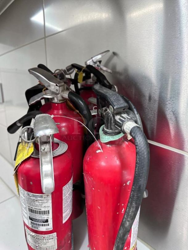 Lot of 9, Prime Condition 5 lb ABC Fire Extinguishers, 2A:10B:C Rating, UL Listed, ideal for restaurant safety, visible labels.