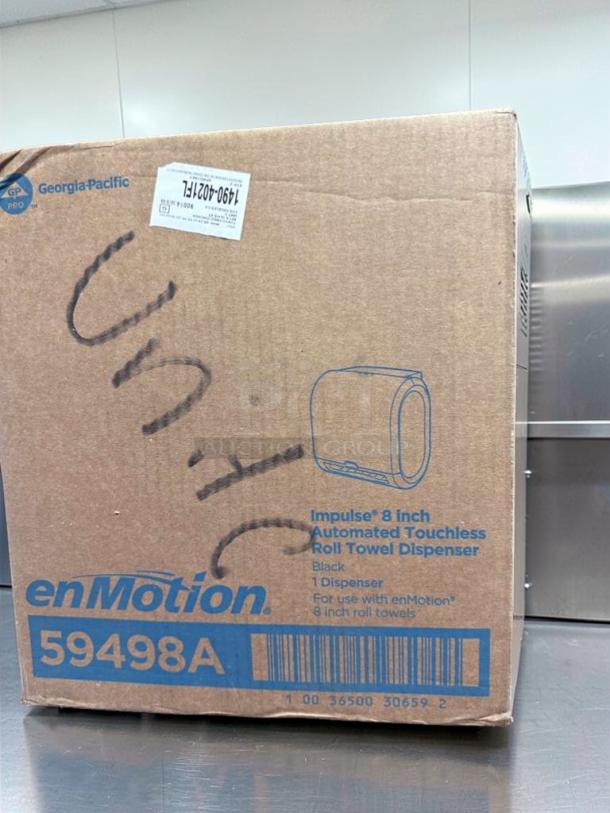 Georgia-Pacific enMotion 59498A touchless paper towel dispenser in box, black, automated, commercial use, wall mount.