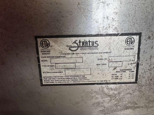 Stratus Commercial 2-Burner Gas Hot Plate label, showing ETL listing, model info, and safety clearances.