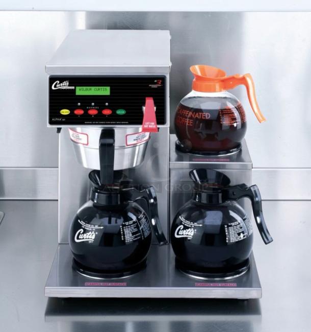 Wilbur Curtis Alpha 3DR-12 coffee brewer, dual warmers, orange decaf pot, excellent condition, UL listed, fully operational.