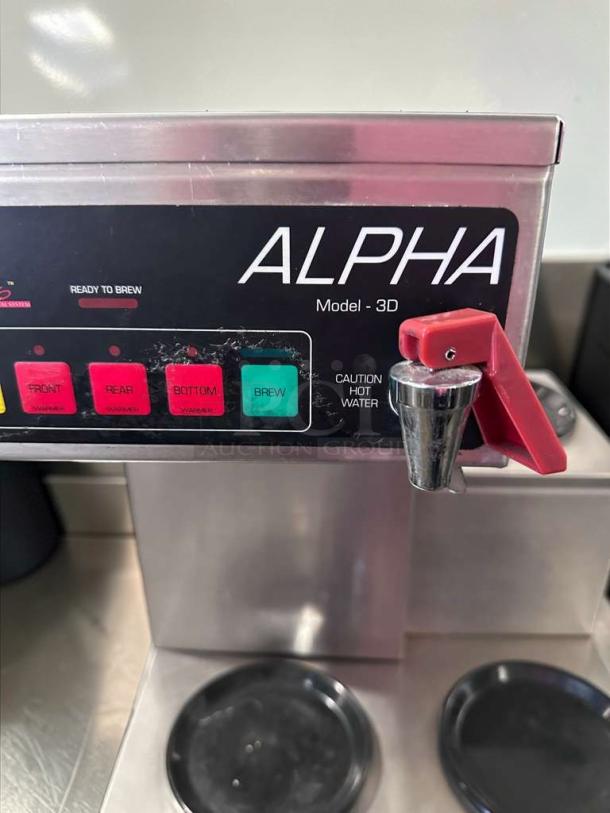 Wilbur Curtis Alpha 3DR-12 commercial coffee brewer, dual warmer plates, operational, UL listed, model visible, ready to brew.