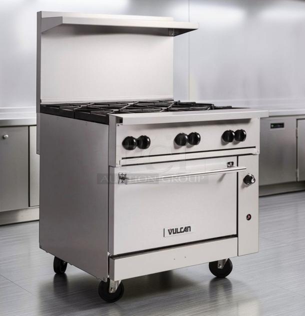 Vulcan 36C-6B commercial gas range, 6 burners, convection oven, stainless steel, excellent condition, fully tested, 36-inch.