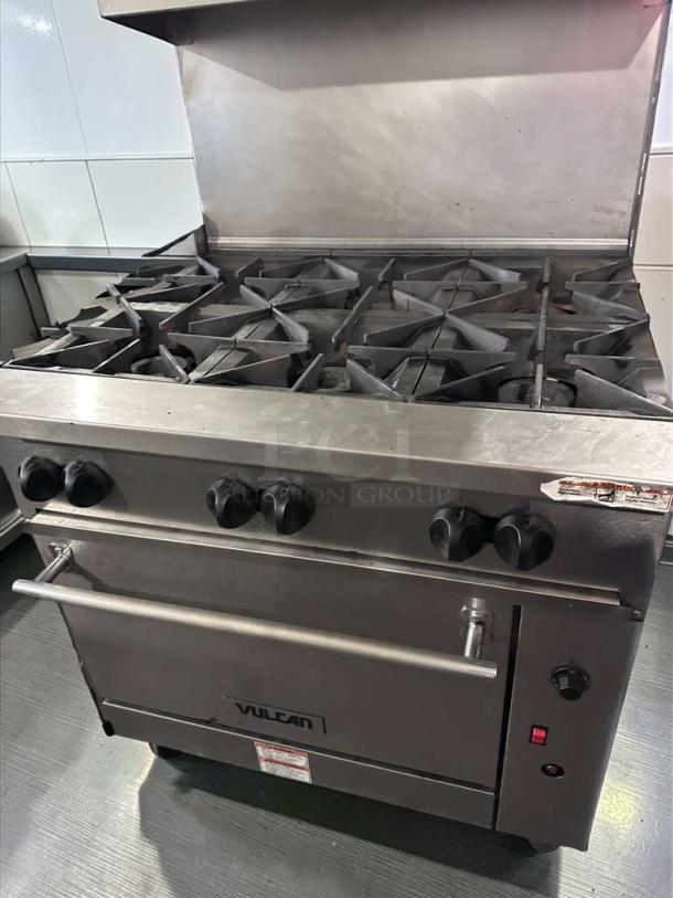 Vulcan 36C-6B commercial gas range, 36-inch, 6 burners, convection oven, stainless steel, excellent condition, fully operational.