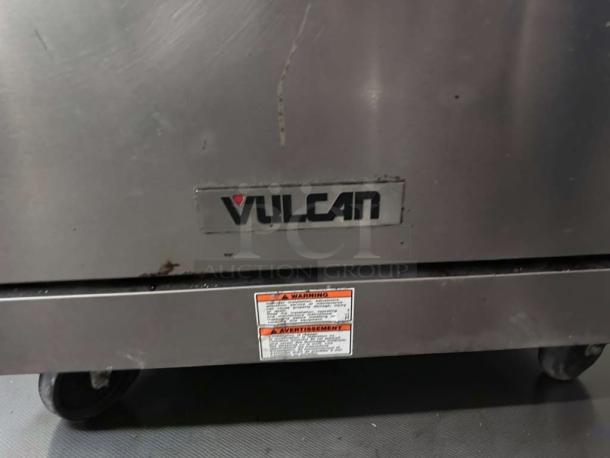 Vulcan 36C-6B gas range, 36-inch, stainless steel, 6 burners, convection oven, marked "Vulcan," fully operational.