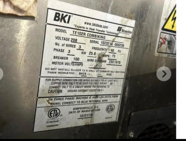BKI TE102R Combiking Combi Oven label, detailing 208V, 3-phase, 10-pan capacity, manufactured in Simpsonville, USA. Fully tested.