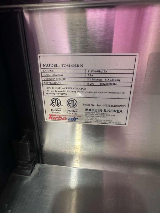 Turbo Air TOM-40LB-N label, showing model, specs, and ETL certifications; 115V, 7.3A, R-290 refrigerant. Made in S. Korea.