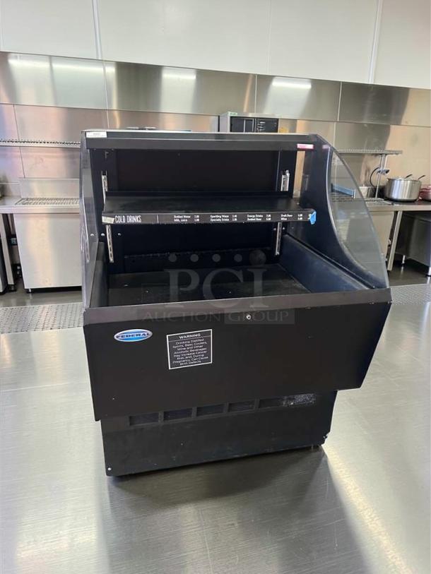 Federal Industries ELPRSS-4 air curtain merchandiser, black, 35-inch, elite condition, refrigerated grab-and-go display, tested operational.