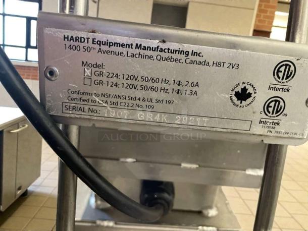 HARDT GR-224 commercial electric grill label, 120V, certified Canadian, fully tested, premium condition, serial 1907-GR4K-29217.