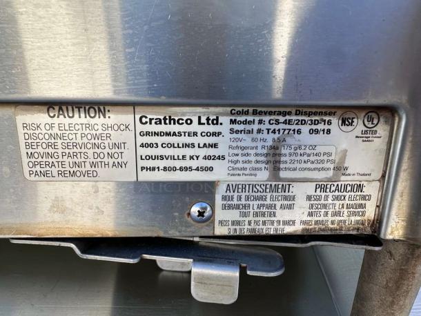 Crathco CS-4E/2D/3D-16 beverage dispenser label; NSF & UL listed; model, serial number, and safety warnings visible.