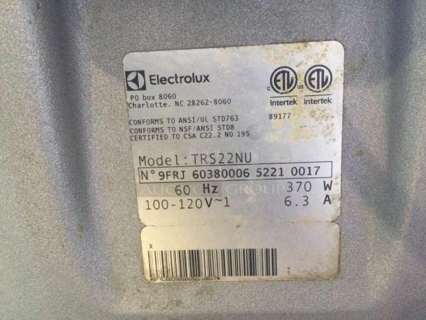 Electrolux TRS22NU commercial food processor label, 115V, 60Hz, 370W, model details and compliance markings visible.