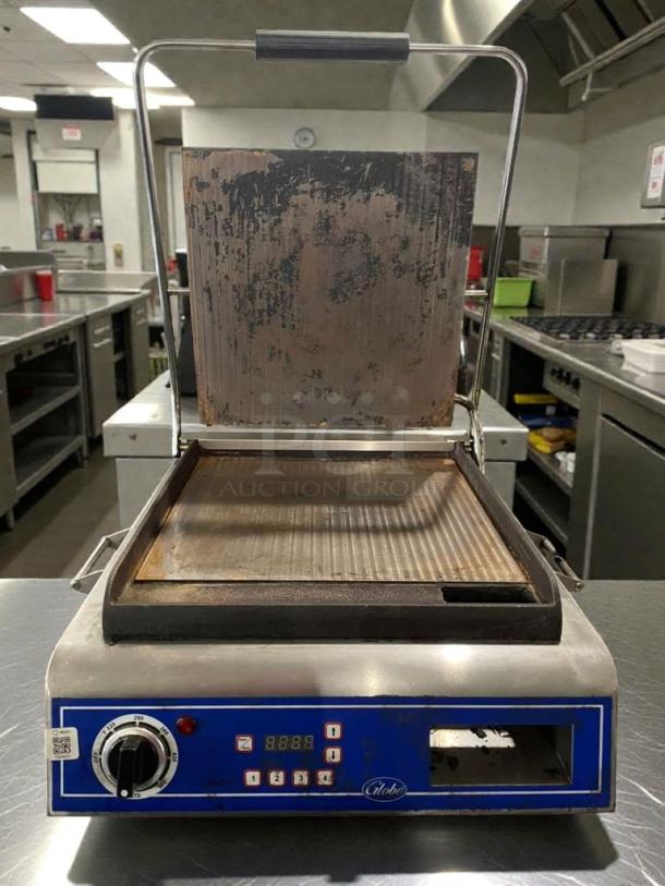 Globe GSG14D commercial panini grill, excellent condition, 120V, fully tested, blue control panel, Dayton, Ohio.