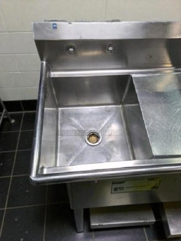 Premium condition one-compartment stainless steel commercial sink with right-side drainboard, NSF certified, fully tested.