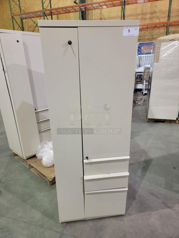 Herman Miller Meridian storage towers, lot of 3, with lockers and file drawers. Doors: two left, one right. Locked, no keys.
