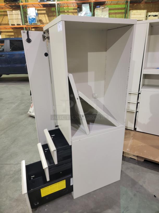 Herman Miller Meridian Personal Tower, door left configuration, full-height wardrobe, multi-drawer storage, steel construction.