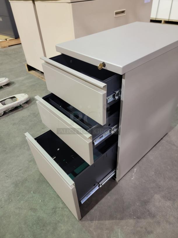 HON 500 Series 3-drawer mobile pedestal, durable steel, smooth-glide drawers, keyed lock, excellent condition.