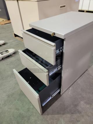 HON 500 Series 3-drawer mobile pedestal, durable steel, smooth-glide drawers, keyed lock, excellent condition.