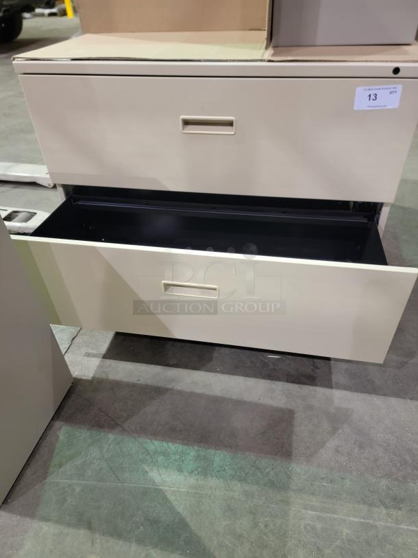 HON 500 Series 2-drawer lateral file cabinet, durable steel, smooth-glide drawers, beige, secure with keys, auction item 13.