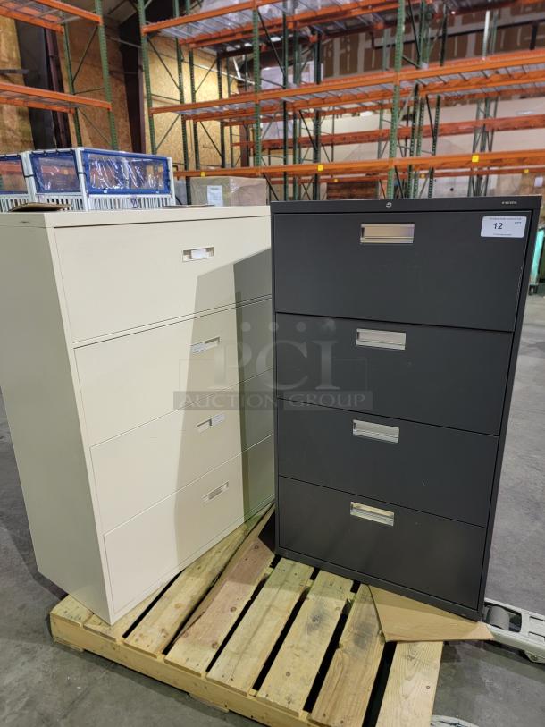 LOT OF 2 HON 4-drawer lateral file cabinets made of reinforced steel, featuring ball-bearing slides for smooth operation. No keys included.