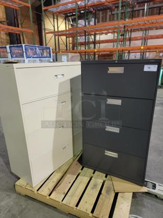 LOT OF 2 HON 4-drawer lateral file cabinets made of reinforced steel, featuring ball-bearing slides for smooth operation. No keys included.