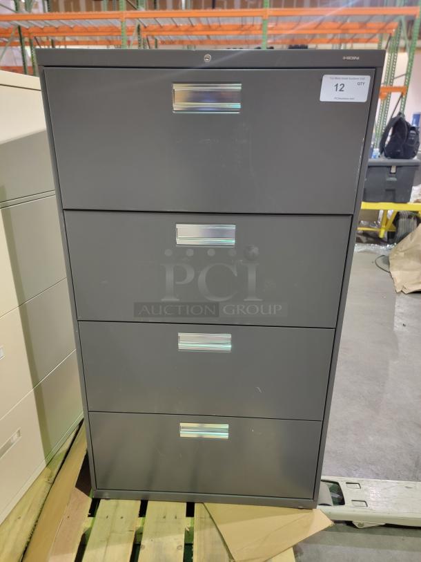Hon 4-drawer lateral file cabinet, reinforced steel, ball-bearing slides, versatile filing, no keys, auction lot of two.