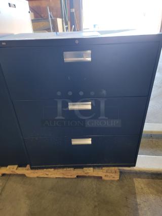 Lot of 3 HON black lateral file cabinets with reinforced steel, ball-bearing glides, and safety interlock; two with keys.