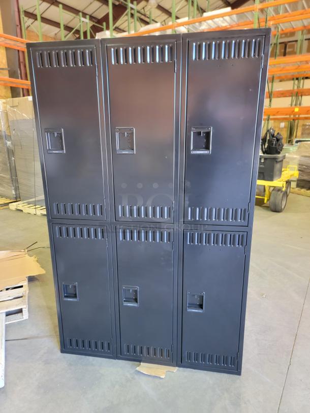 TENNSCO double-tier lockers, black steel, 45" units, 12 compartments, recessed handles, louvers, built-in hooks, sturdy condition.
