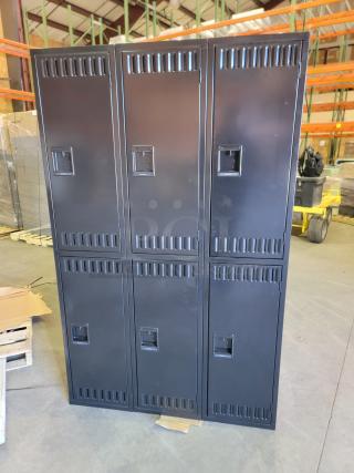 TENNSCO double-tier lockers, black steel, 45" units, 12 compartments, recessed handles, louvers, built-in hooks, sturdy condition.