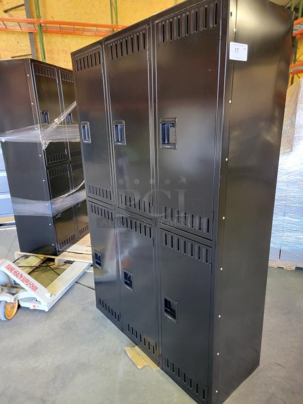 Black Tennsco double-tier locker units, two 45" units totaling twelve compartments, steel, recessed handles, louvers.